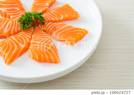 Fresh Salmon Raw Sashimi on plate Fresh Salmon Raw Sashimi on plate 106029727