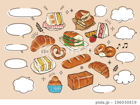 吹き出しとパンの手書きイラストセット 106030819