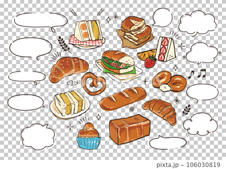 吹き出しとパンの手書きイラストセット 106030819