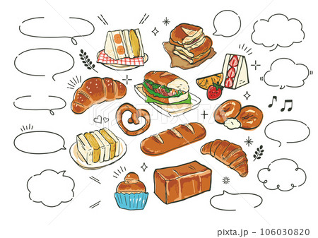 吹き出しとパンの手書きイラストセット 106030820