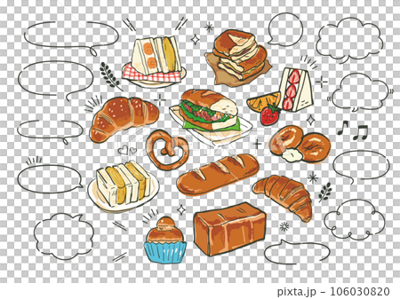 吹き出しとパンの手書きイラストセット 106030820