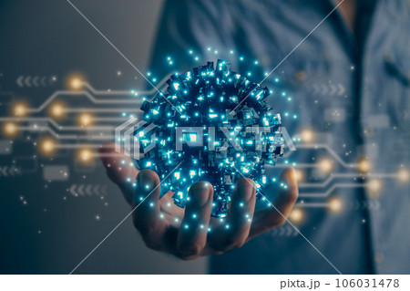 Man Hold Blue Sci-Fi Earth Globe or Orb AI Brain and Circuit Line in Vintage Tone 106031478