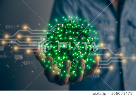 Man Hold Green Sci-Fi Earth Globe or Orb AI Brain and Circuit Line in Vintage Tone 106031479