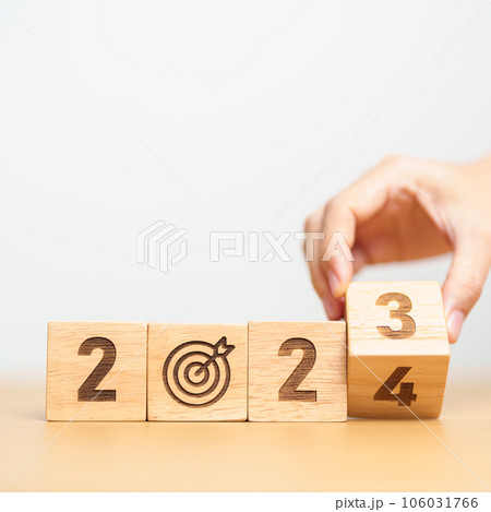 2023 year change to 2024 year block with dartboard icon. Goal, Target, Resolution, strategy, plan, Action, mission, motivation, and New Year start concepts 106031766