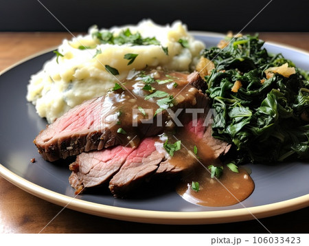Delicious comfort food ketogenic meal prime rib with gravy, cauliflower mash, and sauteed spinach 106033423