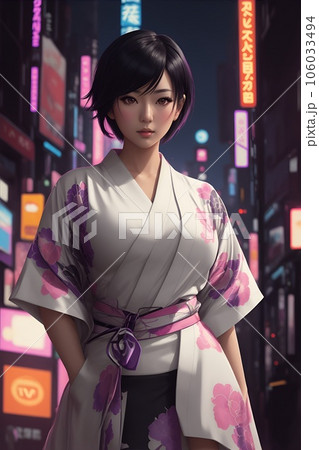 都会の夜景を背景にした着物姿の若い女性 106033494