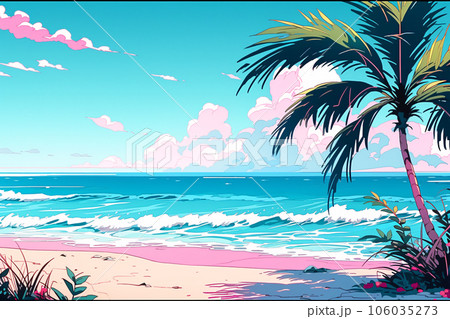 ビーチとヤシの木の1980年代風ポップアートイラスト（AI生成画像）の