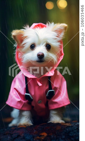 Cute white dog baby dressed like a pupil pink rain, Generative AI 106035466