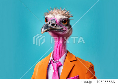 Heavy cheerful ostrich, anthropomorphic, bright color. Generative AI 106035533