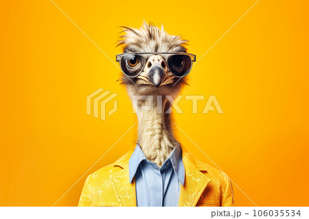 Heavy cheerful ostrich, anthropomorphic, bright color. Generative AI 106035534