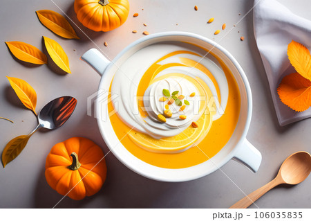 Pumpkin soup, top view. copy space. Seasonal autumn dish - pumpkin soup-puree with croutons and seeds. Pumpkin soup, top view. copy space. Seasonal autumn dish - pumpkin soup-puree with croutons and seeds. 106035835