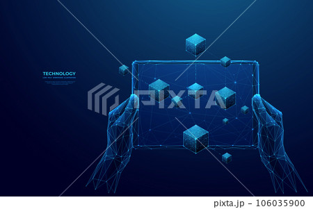 Abstract hands holding tablet with linked blocks on an empty screen. Abstract hands holding tablet with linked blocks on an empty screen. 106035900