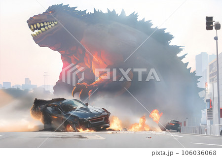 駐車禁止ポスター 怪獣に踏み潰される車 7 駐車禁止ポスター 怪獣に踏み潰される車 7 106036068