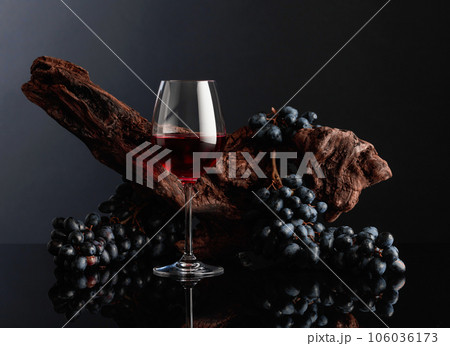 Glass of red wine with an old snag and blue grapes. 106036173