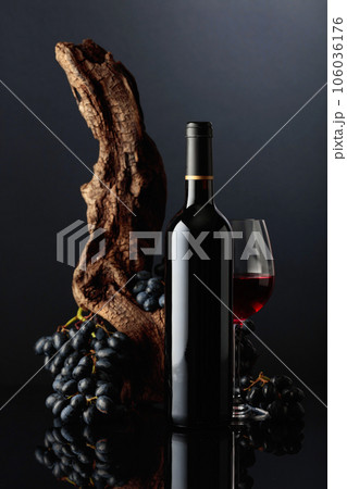 Bottle and glass of red wine with an old snag and blue grapes. 106036176