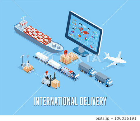 3D Isometric International Delivery And Global Logistics Concept with Transportation operation service, Air, Road, Ship, rail transportation. Vector illustration EPS 10 106036191