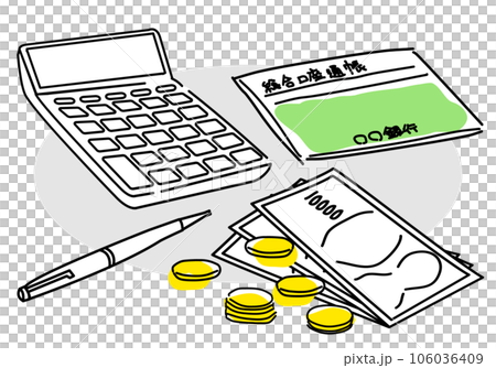 Simple line drawing illustration of money, calculator and passbook 106036409