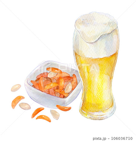水彩イラスト　生ビールと柿の種のセット 106036710