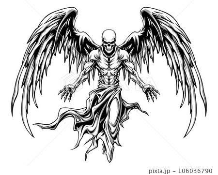 Dark demon with fiery wings on white background of illustration Dark demon with fiery wings on white background of illustration 106036790