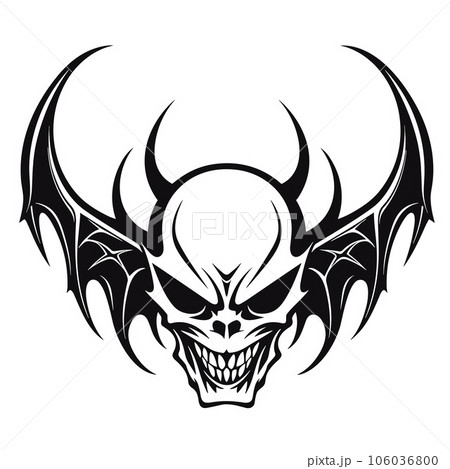 A demon head with wings in a vintage style of illustration 106036800