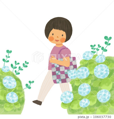 紫陽花を見ながら歩く女の子 106037730