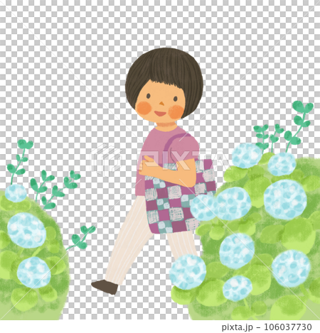 紫陽花を見ながら歩く女の子 106037730