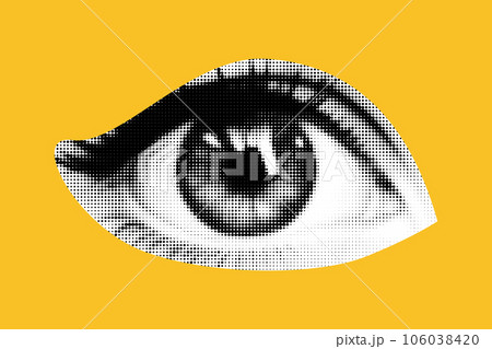 An eye cut out as if from a magazine. Isolated as png.. Vector halftone elements for collage on yellow background. An eye cut out as if from a magazine. Isolated as png.. Vector halftone elements for collage on yellow background. 106038420