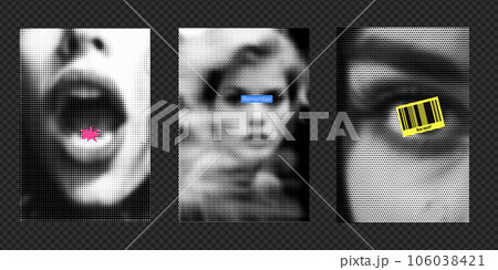 Flyers with halftone-style photos. Photo of a woman with her mouth open, and a star. Eye in a blur. Stickers with barcode and text. Vector collage design with illustrations. Flyers with halftone-style photos. Photo of a woman with her mouth open, and a star. Eye in a blur. Stickers with barcode and text. Vector collage design with illustrations. 106038421
