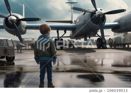 A little boy stands on the street at the airport, watching the standing planes with propellers A little boy stands on the street at the airport, watching the standing planes with propellers 106039013