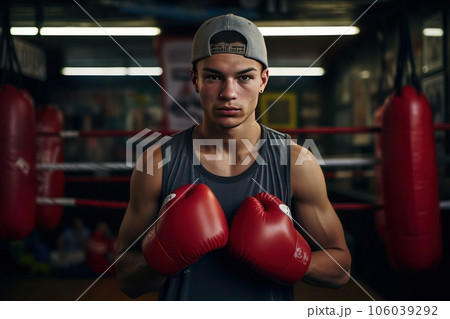 Portrait of a young boxer in the gym. He looks at the camera after a workout. 106039292