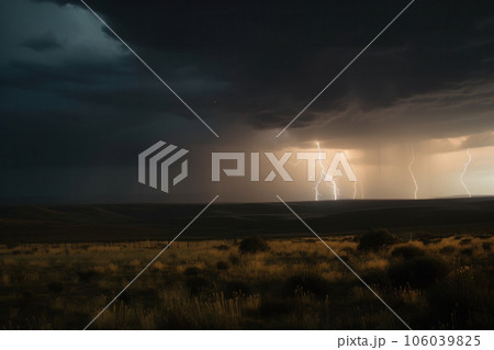 A stunning landscape of a vast open field with a dramatic storm brewing in the distance, showcasing the beauty and power of nature. AI Generative. A stunning landscape of a vast open field with a dramatic storm brewing in the distance, showcasing the beauty and power of nature. AI Generative. 106039825