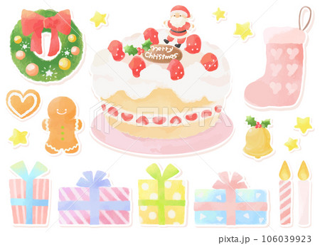 クリスマスケーキと素材のイラストセット　フチあり　手描き風 106039923