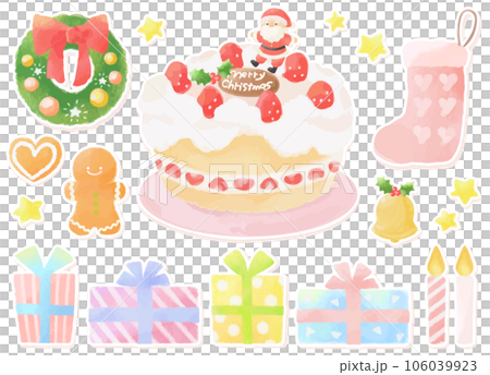 クリスマスケーキと素材のイラストセット　フチあり　手描き風 106039923