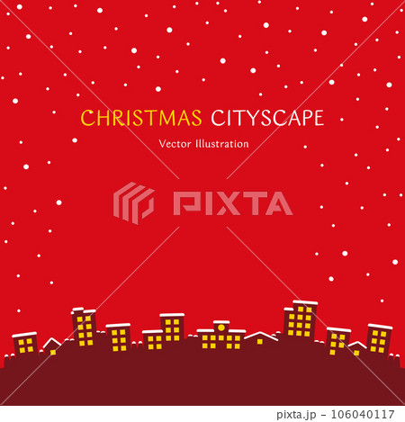 雪が降るクリスマスの夜の美しい街並みのベクターイラスト 106040117