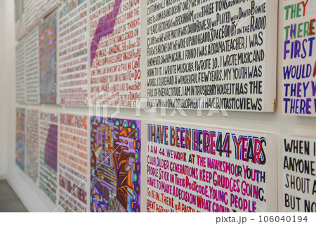 Creative frames displayed on wall of Tate Museum. Closeup shot of paintings in Art Gallery. Set of aesthetic abstract colorful line art doodles. Creative frames displayed on wall of Tate Museum. Closeup shot of paintings in Art Gallery. Set of aesthetic abstract colorful line art doodles. 106040194