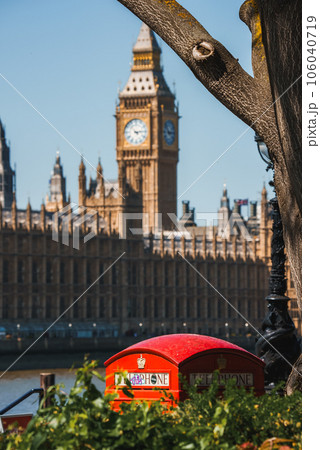 Big Ben, Westminster Bridge on River Thames in London, the UK. English symbol with red telephone booth. Big Ben, Westminster Bridge on River Thames in London, the UK. English symbol with red telephone booth. 106040719