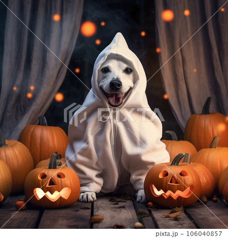 Dog wearing a ghost costume sitting between pumpkins for Halloween in Autumn background 106040857