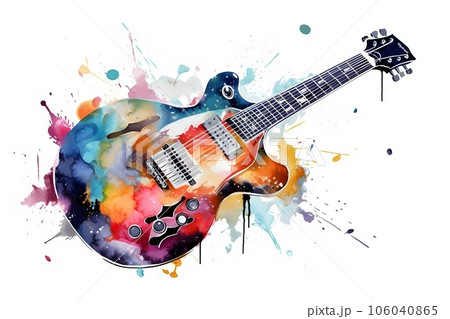 Watercolor guitar with color splashes on whiteのイラスト