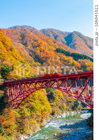 秋の黒部峡谷:新山彦橋を走るトロッコ電車 秋の黒部峡谷:新山彦橋を走るトロッコ電車 106041021