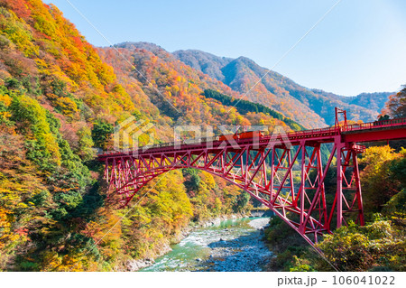秋の黒部峡谷:新山彦橋を走るトロッコ電車 秋の黒部峡谷:新山彦橋を走るトロッコ電車 106041022