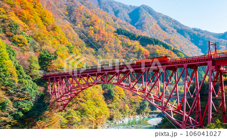 秋の黒部峡谷:新山彦橋を走るトロッコ電車 秋の黒部峡谷:新山彦橋を走るトロッコ電車 106041027