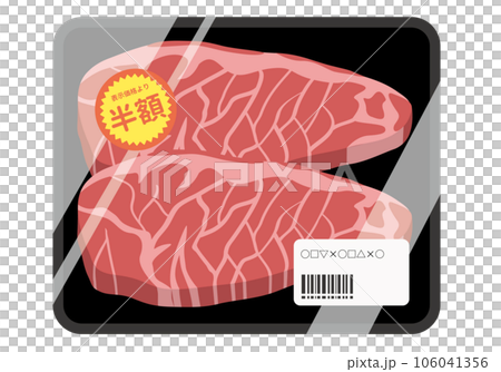 肉_パックに入った牛ステーキ肉（半額シール） 106041356