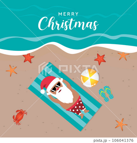 cute santa claus lying on the beach under a palm tree 106041376