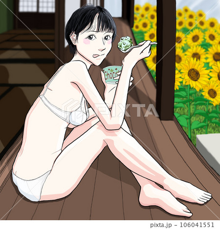 床に座りアイスクリームを食べる女の子11縁側・下着 106041551