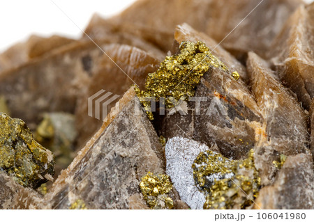 Macro mineral stone Barit Pyrit on a white background 106041980