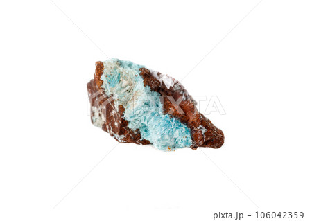 Macro mineral aurichalcite stone on microcline on white background Macro mineral aurichalcite stone on microcline on white background 106042359