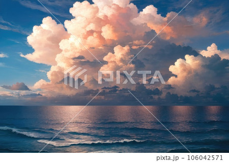 AI画像》入道雲が浮かぶ夏の夕暮れの海のイラスト素材 [106042571] - PIXTA