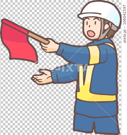 Traffic control staff guiding with hand flags Traffic control staff guiding with hand flags 106042597