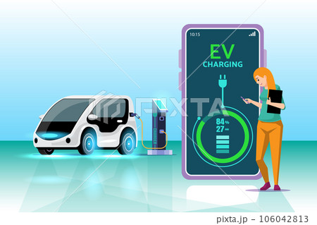 Mobile application that tells the charging status of the electric vehicle. mobile application for EV car management. Concept of electric vehicle charge. Mobile application that tells the charging status of the electric vehicle. mobile application for EV car management. Concept of electric vehicle charge. 106042813