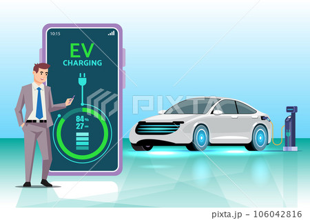 Mobile application that tells the charging status of the electric vehicle. mobile application for EV car management. Concept of electric vehicle charge. Mobile application that tells the charging status of the electric vehicle. mobile application for EV car management. Concept of electric vehicle charge. 106042816